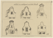 206811 Afbeelding van zes topgevels van huizen te Utrecht. Boven van links naar rechts: Oudegracht Westzijde, nr.?; ...